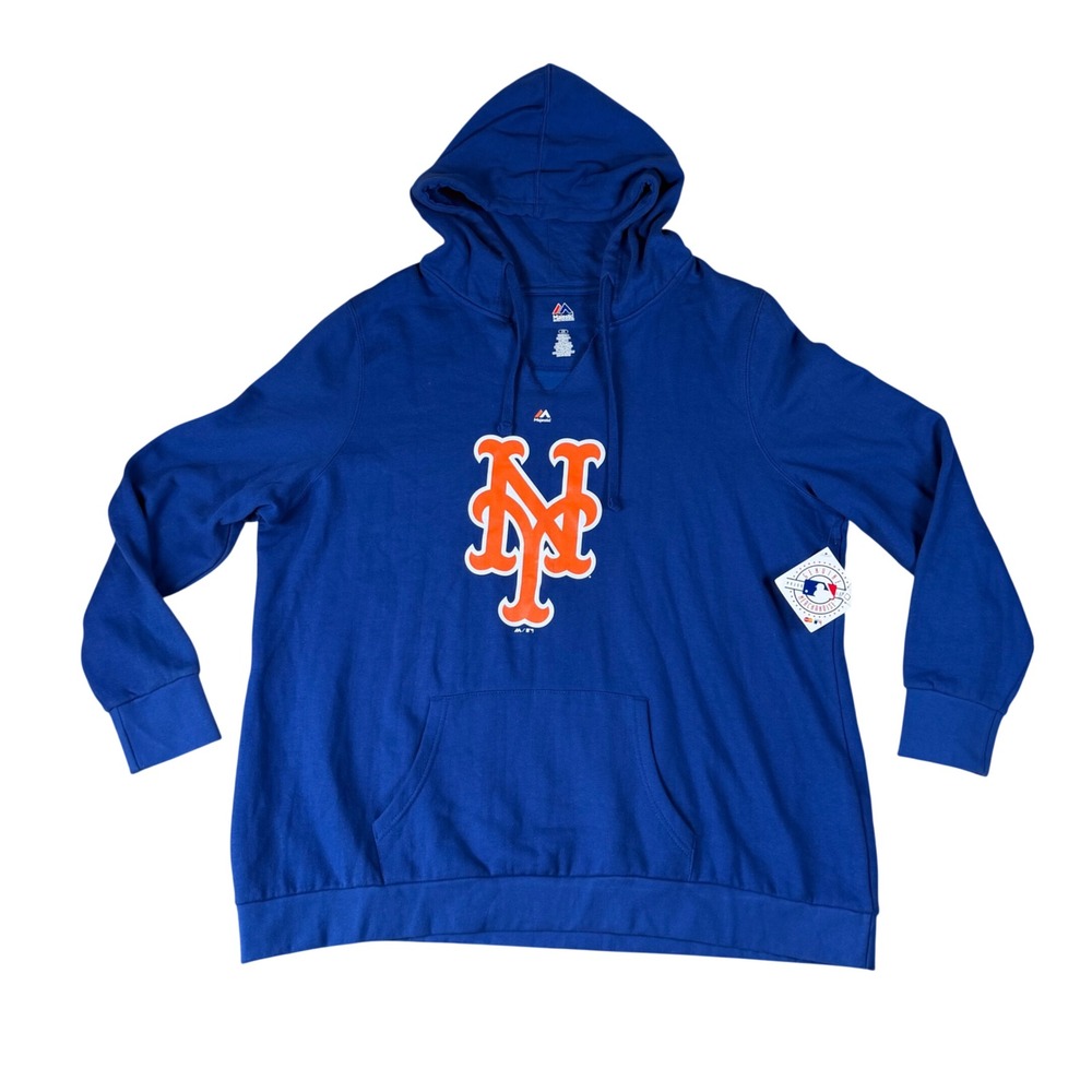 Majestic MLB New York Mets Hoodie Mens 2X Blue Pullover Sweatshirt NWT V Neck